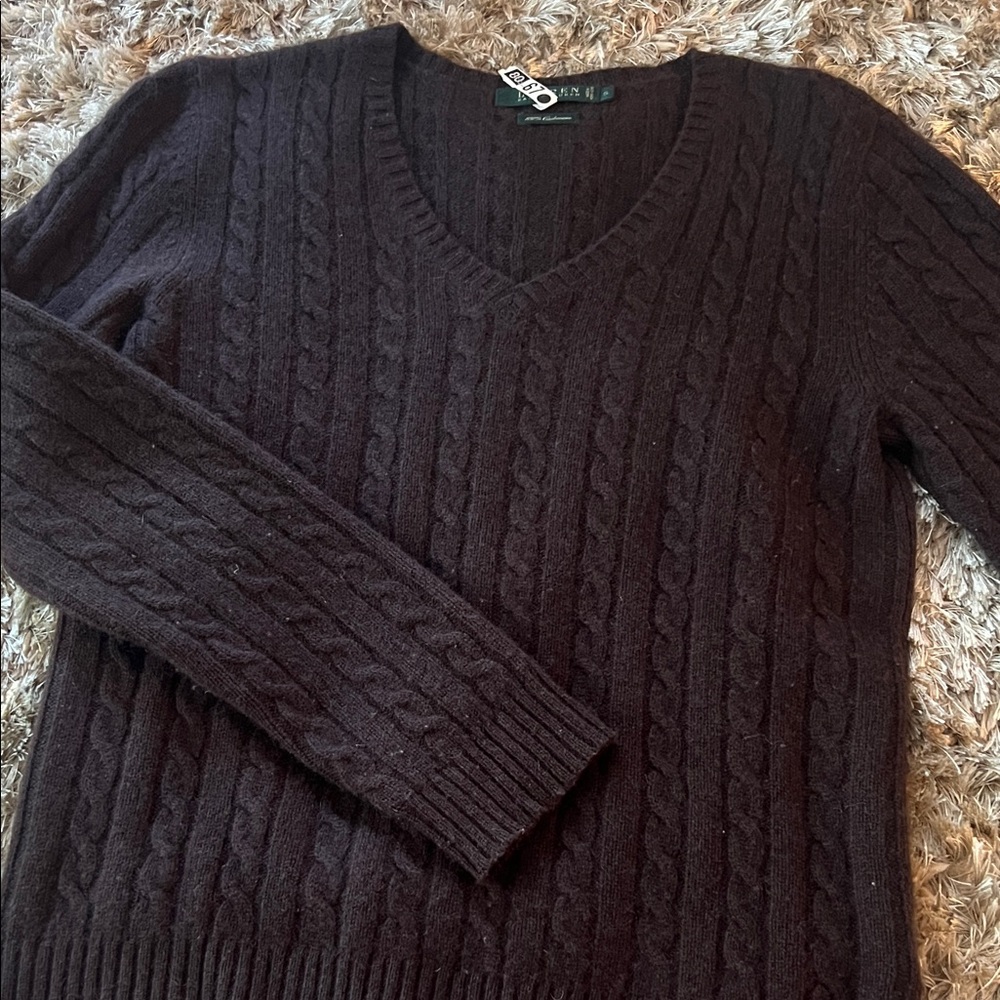 Ralph Lauren Brown Cable-knit, V-Neck Cashmere Sweater Sweater Size S